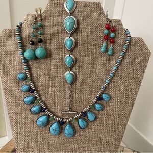 CHAPS Faux Turquoise Necklace 16” with Extender Unbranded Bracelet & Earrings